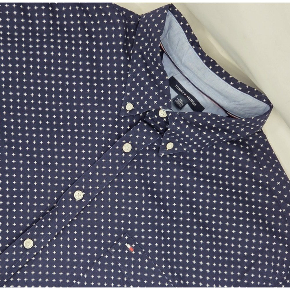 Tommy Hilfiger Long Sleeve Button Down Shirt Mens 2XL Blue Geometric AOP NWOT